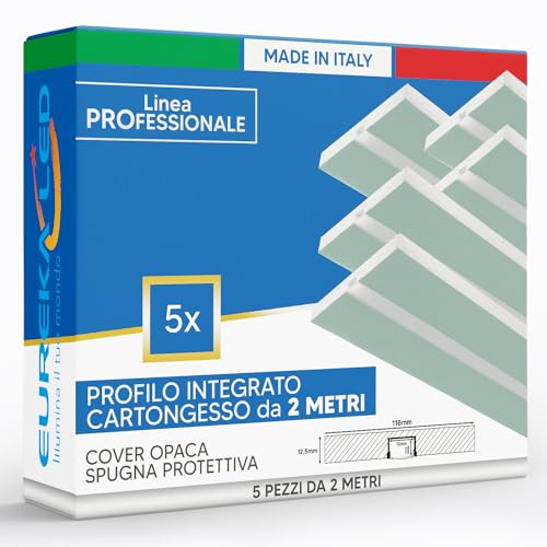 Eurekaled – 5pz Profilo Alluminio 2mt per strip LED - Integrato nel Cartongesso idrorepellente di spessore 12,5mm – Resistente all’umidità, adatto per bagno, zone umide - Incasso a scomparsa