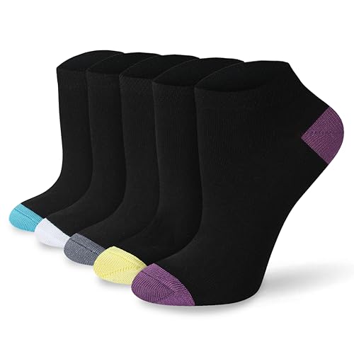 Socksmad Ladies Trainer Socks Size 4-7 - Coloured Heel & Toe Black Multipack - Womens Sports Socks - Cotton-Rich, Summer Trainer Liners - Gifts for Her - 5 Pair Pck (Heel & Toe PK2)