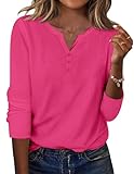Zeagoo Hot Pink Shirt Womens Casual Long Sleeve V Neck Tshirts Solid Color Western Summer Tunic Tops