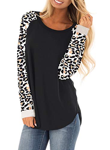 Malaven Womens Leopard Color Block Patchwork Raglan Long Sleeve Crew Neck Cotton Loose Fit Casual Fall Pullover Tunic Sweatshirt Blouses Tops Tee Shirts US 12 14