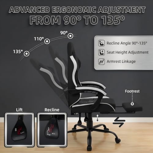Image of Video Gaming Chair, Ergonomic Office Chair with Footrest, Lumbar Support and Linkage Armrests, Swive Home Video Game Chairs for Adults, Black