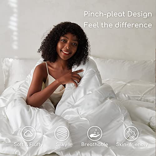 MR&HM Satin Comforter California King 7 Pieces Ivory - Luxurious Pinch Pleat Bedding Set with Comforter, Flat Sheet, Fitted Sheet, Pillowcases & Shams, Super Silky Soft Bed Set for All Season