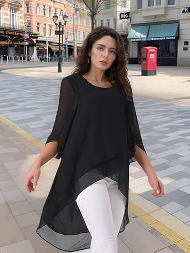 Seta T Women's High Low Tops Scoop Neck Chiffon Blouse Asymmetrical Loose Shirt 3/4 Sleeve Casual Summer Tops2