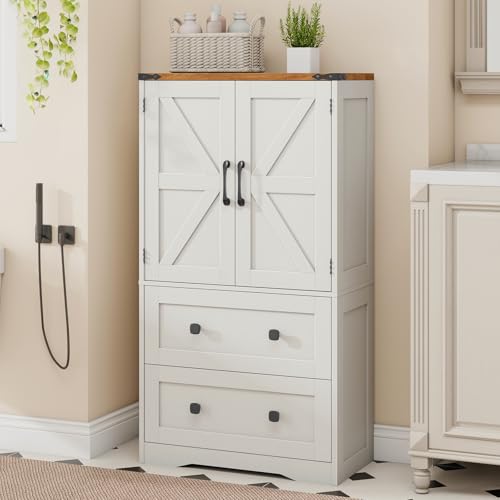 Farmhouse Bathroom Storage Cabinet with 2 Big Drawers and Barn Doors, Kitchen Pantry, Freestanding Storage Cabinet with Adjustable Shelves for Bathroom, Living Room, Kitchen.(Unique White)
