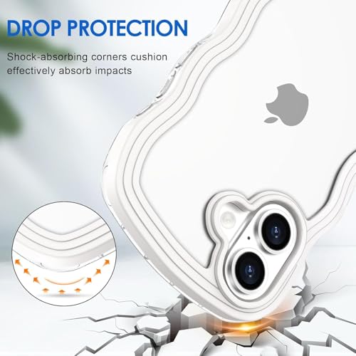 Image of GoldKart iPhone 16 Plus Case Wavy Edge Clear Back Design, Anti-Slip Grip Cute Wave Curly Frame Shape Shockproof Soft TPU & Hard PC Bumper Protective Phone Case Cover for Women Girls - White