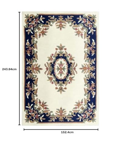Image of Hand-Tufted Wool Carpet for Living Room 5x8 feet Ivory Blue Traditional Design Anti-Skid High Pile Thick Carpet & Rugs for Bedroom & Hall