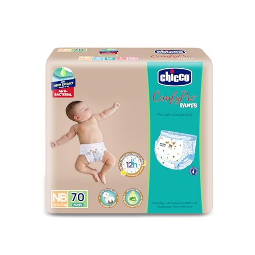 Image of Chicco Comfy-Pro Pant Style Baby Diapers | Anti-bacterial benefits | Ultra Soft & 12hrs protection | Wetness indicator & Disposing Tapes - New Born, 70 Count, Upto 5kg