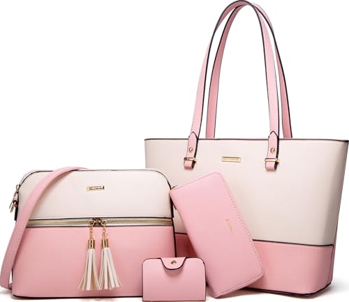 Women Fashion Synthetic Leather Handbags Tote Bag Shoulder Bag Top Handle Satchel Purse Set 4pcs