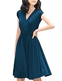 Allegra K Women's v-Neck Solid Sleeve Short Fit-and-Flare Dress, Dark Blue, Large