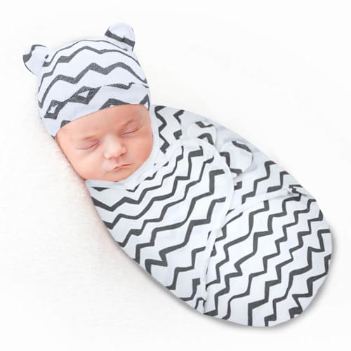 Image of Cinaci 2 Pieces Adjustable Soft Cotton Baby Swaddle Sleep Sacks Hats Newborn Nursery Caps Beanies Bonnets Swaddle Blanket Wraps for Baby Girls Boys Infants Newborns (2PCS S12)