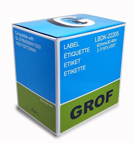 GROF 10 Rollen DK-22205 Endlosetiketten kompatibel mit Brother – 62mm x 30,48m, selbstklebende Papierrolle für QL-Serie QL-500 QL-700 QL-800, ideal für Versandetiketten