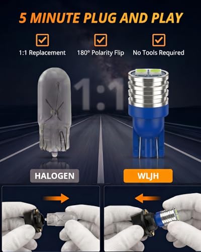 Image of WLJH Ice Blue T10 194 LED Bulb with Twist-Lock Sockets for Dash Cluster | 3030 SMD, 200lm, Dimmable, PC194 PC168 PC195, License Plate, Trunk, Side Marker, Parking Instrument Light, 6-Pack