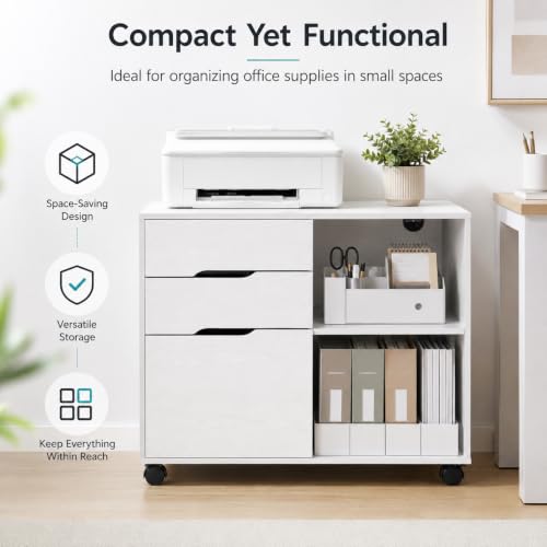 Image of Simple Deluxe 3 Drawer Rolling File Cabinet, Wood Printer Stand with Adjustable Shelf for Home Office Study Organizatiom, White