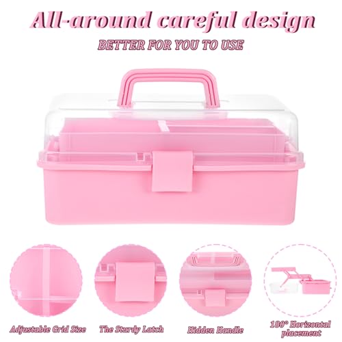 Image of Molain 3-Layer Multipurpose Storage Box, 13Inches Folding Tool Box, Medicine Box Family First Aid Box with 2 Trays, Art & Crafts Case Sewing Supplies Organizer for Art Craft and Cosmetic(Pink)