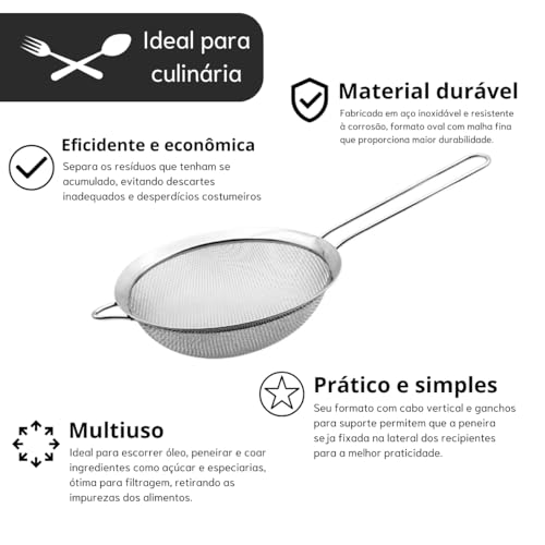 kit Conjunto 3 Peneiras em Aço Inox Resistente 12/13,8/17,8cm Durável Coar Polvilhar com Suporte par