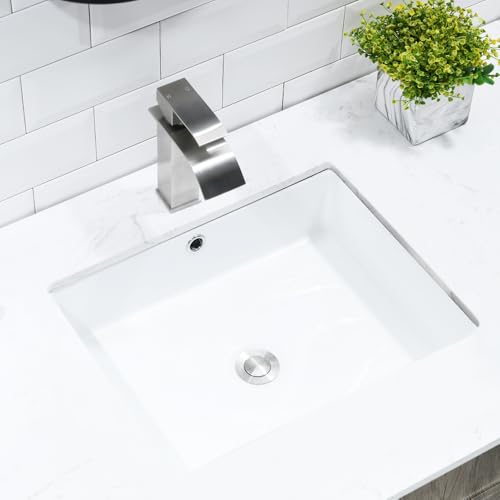 Weißes Keramik Unterbauwaschbecken 50x38x18 cm Rechteckig mit Überlauf - Einbauwaschbecken für Badezimmer & Gäste WC, inkl. Pop-up Ablauf Edelstahl