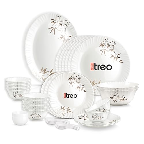 Image of Treo by Milton Opalware Aurelia Arashi Dinner Set of 35 | Serving for 6 | Microwave & Dishwasher Safe | Bone-Ash Free | Tempered Toughness | Plates, Bowls, Spoons | Crockery Set for Dining & Gifting