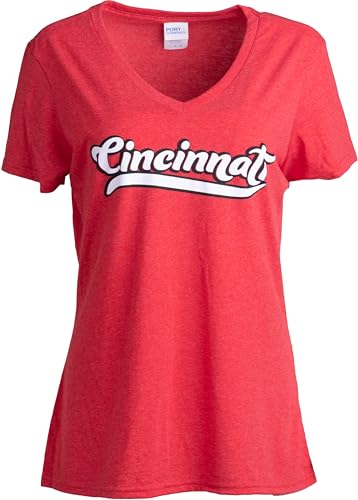 Cincinnati - Classic Vintage Red Ohio City Pride Newport Fan Women's V-Neck T-Shirt Top T-Shirt-(RedV,M)