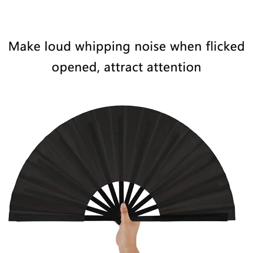 Maitys 2 Pcs Large Folding Hand Rave Fan Large Clap Fans for Line Dancing Nylon Cloth Foldable Hand Rave Fan for Chinese Kung Fu Festival Craft Dance Decoration(Black,Simple Pattern)