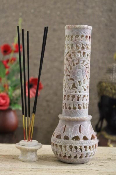 KC KULLICRAFT Flower Carving Agarbatti Stand | Soapstone Hand-Carved Bottle Shape Incense Burner Holder | Ash Catcher for Incense Sticks | Spiritual Decor & Gift for Puja Room (3 x 3 x 10.5 Inches)