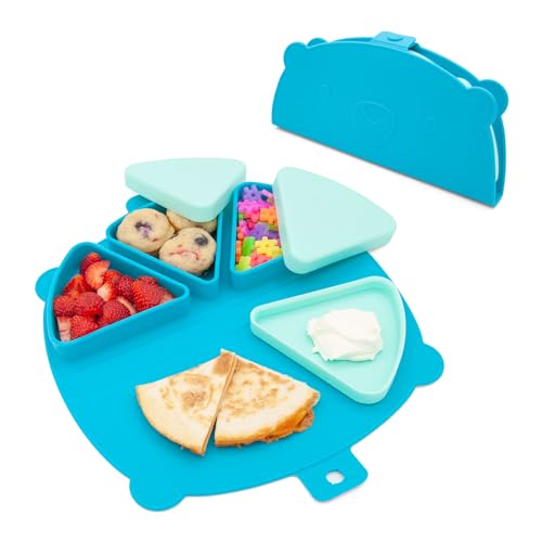 Image of 321 Grow Silicone On-The-Go Snack Mat – Foldable Reusable Placemat with 3 Compartments and Lids – Travel-Friendly Baby and Toddler Snack Plate – Dishwasher Safe (Ocean)