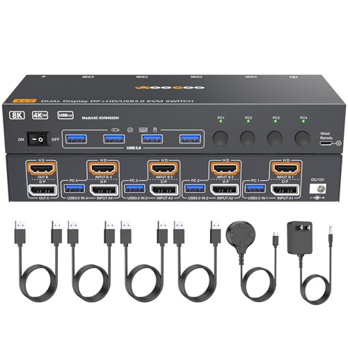 HDMI DP KVM Switch 4 Computers 2 Monitors, 8K@60Hz/4K@144Hz Dual Monitor KVM Switch 4 Port for 4 PCs Share 2 Monitors, with 4 USB3.0 Ports, USB Cables and Power Adapter (8K HDMI DP 4 in 2 Out KVM)