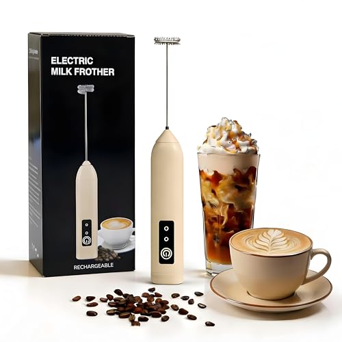 Image of Coffee Frother - Electric Rechargeable Coffee Maker Machine for Home Electric Coffee Frother & Milk Whisker | 1 Year Warranty | Free Recipe Book (Frother) (Ivory Beige)