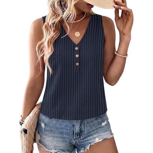 AKEWEI Womens Linen V Neck Tank Top Sleeveless Cute Summer Tops for Women 2026 Beach Vacation Outfits Navy Blue Stripes Large