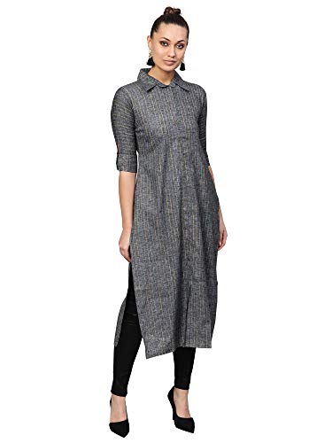 Image of INDO ERA Women's Cotton Striped Straight Kurta(IE26KT3GR1491)