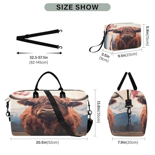 Weekender Bags for Women,Foldable Highland Cows Travel Duffel Bag with Trolley Sleeve Travel Tote Gym Bag with Toiletry Bag3