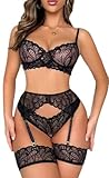 SNATROY Lingerie for Women Bra and Panty Sets Two Piece Lace Garter Boudoir Sexy Lingerie Set (Black, Medium)