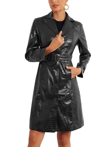 Allegra K Pu Leather Long Trench Coat with Belt for Women's Casual Lapel Open Front Faux Leather Jackets