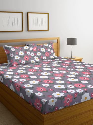 Image of NEW LEAF Premium Cotton Elastic Fitted Bedsheets with 2 King Size Pillow Covers | Double Bed with All Around Elastic 220 TC Supersoft |Size-72 King Sizex78+10 inches | Floral, Pink White