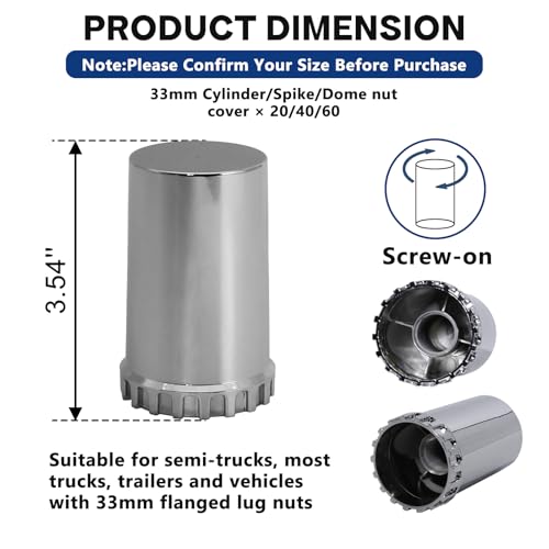 Image of Cylinder Nut Covers 33mm x 3 1 /2 inch Lug Nut Covers Thread On Flat Top ABS Chromed Flat Top Lug Nut Caps for Semi Trucks (40PCS)