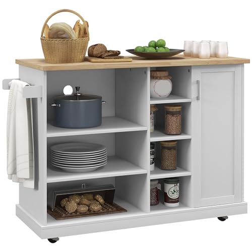 HOMCOM Desserte îlot de Cuisine, Desserte à roulettes, Chariot de Cuisine, 7 Compartiments Ouverts, 1 Placard 1 Porte, 129 x 51 x 93 cm, Bois et Blanc