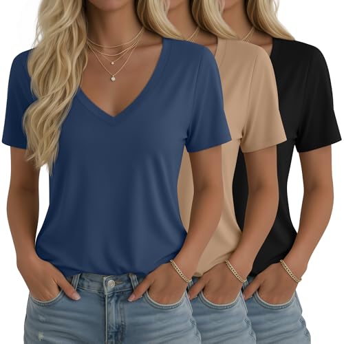 Ficerd 3 Pack Women's Short Sleeve Tunic Tops, V Neck Curved Hem Shirt Casual Summer Basic Tshirts Tee Blouse