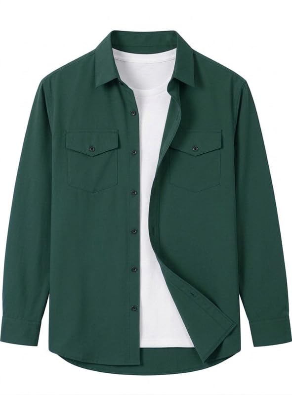 Image of DEELMO Men Solid Slim Fit Casual Overshirt Style Shirt | Full Sleeve Button-Down Layering Shirt Smart Casual Look