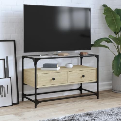 zylophax Mueble de TV con tablero de cristal roble Sonoma, 80 x 35 x 51 cm, material de madera, moderno mueble bajo de pie con espacio de almacenamiento, cómoda para TV, para salón, estrecho y ancho