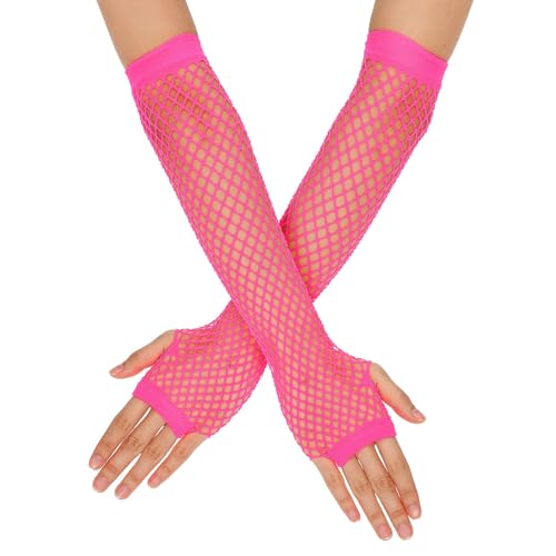 Gants Resille Rose Rouge Longs Sans Doigts Manches en Résille Déguisement Année 80 90 de Fête à Thème Gants en Dentelle Rose Accessoires Fluo de Cosplay...