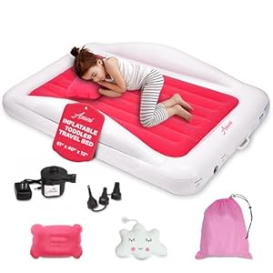 Asani Inflatable Toddler Travel Bed with Electric Pump, Leakproof Air Mattress w/Reinforced Protective Bumpers, Includes Carry Case and Pillow, Fits Kids Up to 4ft, for Camping & Sleepovers (Pink)