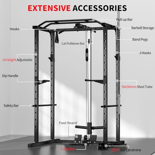 Image of JEEKEE Power Rack with LAT Pulldown, 2000LBS Power Cage with Cable System, Multi-Function Squat Rack with J-Hooks, Safety Bars, Landmine, Pull Up Bar & Attachments for Home Gym Strength Training,Black