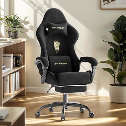 Image of Comfortable Video Gamer Chairwith Footrest, Ergonomic Velvet Fabric Gaming Chair for Adult, Reclining Desk Game Office Computer Chairs with Massage Lumbar Cushion,Headrest