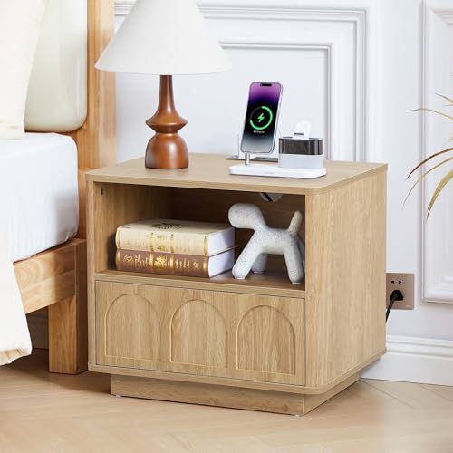 affeivul Small Nightstand with Charging Station, Accent Bedside Nightstand with Drawer, Mid Century Modern Bedroom Side Bed Table with Storage for Dorm, Living Room, Couch Sofa Chair, Office - Natural — view 6