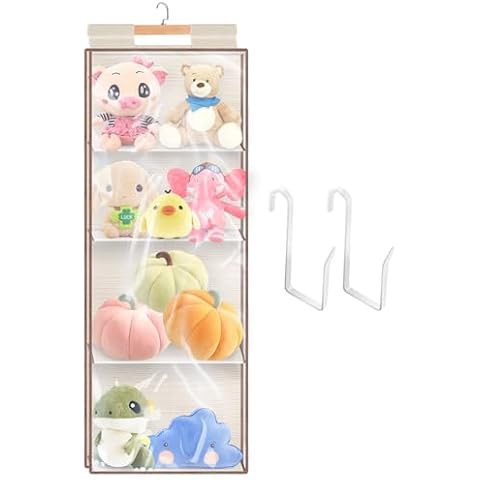 Aeeteek 4-Shelf Over The Door Hanging Organizer, 2-in-1 Nursery Wardrobe Organization, Stuffed Animal Toys Storage Bag with Hooks, Large Capacity Cabinet Storage for Clothes Diapers Sundries Cover