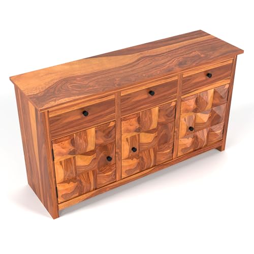 Image of Solid Sheesham Wood Wooden Sideboard Storage Cabinet & Chest of Drawer : Ideal for Living Room and Bedroom with 3 Drawers and 3-Shelf Storage (Morse, Honey Finish)
