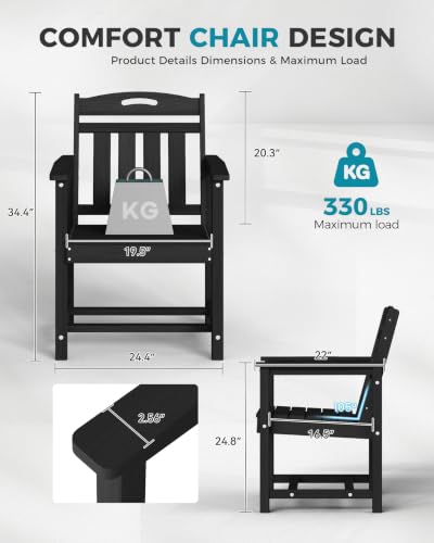 Image of Ciokea HDPE Outdoor Patio Dining Chairs Set of 2, All-Weather Porch Chair with Wide Seat, Durable Outdoor Furniture for Backyard, Garden, Lawn & Poolside, Black