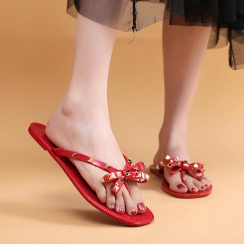 Womens Studded Sandals Bow Flip Flops Jelly Shoes Womens Beige Jellies Flat Size 7, Summer Beach Thong Slides with Rivets Dressy Slippers Slip On2