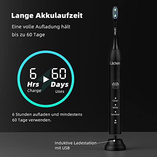 Lächen Elektrische Zahnbürste 3 Modi Elektrische Schallzahnbürste mit Reise-Etui 4 Aufsteckbürsten, 2 Minuten Timer,USB-Ladung für 60 Tage, IPX7 Wasserdicht Zahnbürste Schwarz – Bild 7
