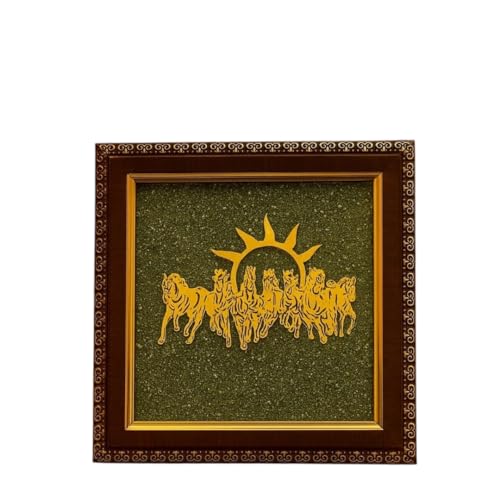 Image of ARKN Vastu Seven Running Horses Wall Art with Sun, Pyrite Stone Wooden Photo Frame, Green and Gold Traditional Decor for Living Room, Money Success and Protection