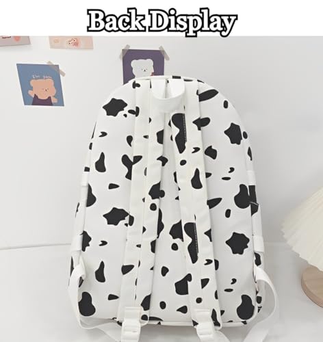 Image of Retro Animal Cow Spotted Theme Waterproof Canvas School Bag Stylish Multiple-Compartment Large Capacity Zipper Bag Lightweight Casual Daypack for Elementary, Middle & High School Students